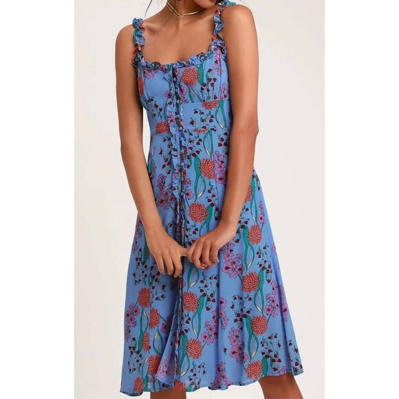 ASTR The Label Dress Womens Medium Blue Floral Ruffle Button Front Lined Midi - Picture 2 of 16